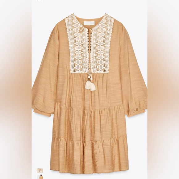 Zara Embroidered Bib Tassel Mini Dress in Tan Peach Size Large - Picture 4 of 16